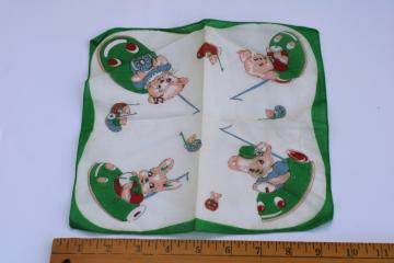 vintage children's hanky, print cotton handkerchief cute baby animals in bumper cars! 